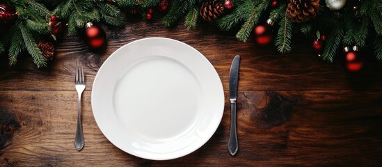 Aufkleber - Top view of a Christmas dinner set on a wooden surface Plate utensils fir tree and holiday decorations with copy space Concept of New Year time