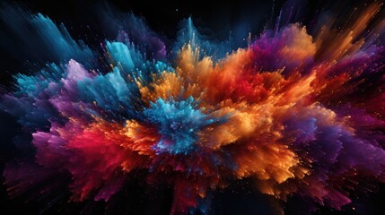 Wall Mural - Colored powder explosion abstract closeup of dust splash on black backdrop, mixed digital illustration and matte painting  