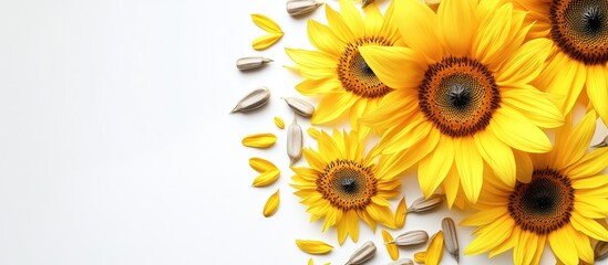 Poster - Yellow sunflowers and sunflower seeds set against a white backdrop. with copy space image. Place for adding text or design