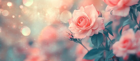 Poster - Close up of pink roses with a soft blur bokeh texture in vintage pastel colors for a background Copy space