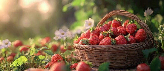 Aufkleber - strawberries in a basket in the yard. with copy space image. Place for adding text or design