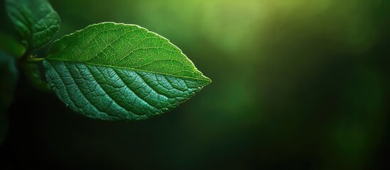 Poster - close up view of a green leaf against a blurred dark green backdrop in a garden with copy space serv