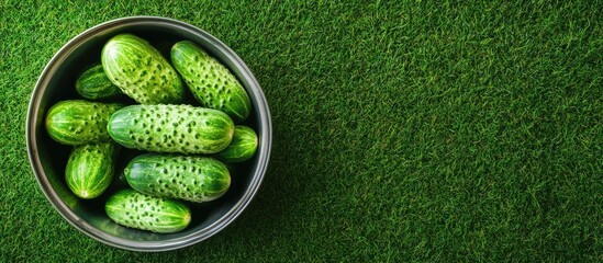 Aufkleber - Freshly picked cucumbers in a metal bowl on a green grass background viewed from above with copyspace for text