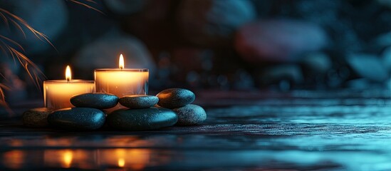 Poster - Beautiful arrangement of candles and spa stones on a wooden surface. with copy space image. Place for adding text or design