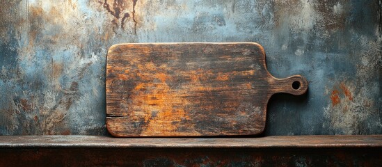 Poster - Rustic wooden cutting board against a rusty metal background up close rustic empty copyspace for text design element