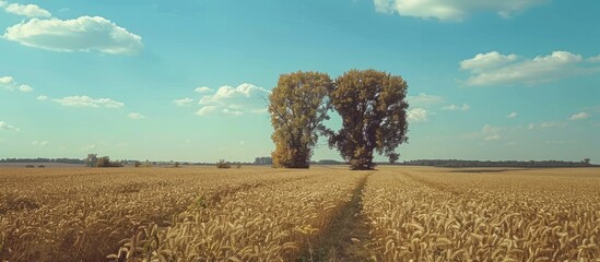 Wall Mural - Trees positioned in a buckwheat field under a blue sky. with copy space image. Place for adding text or design