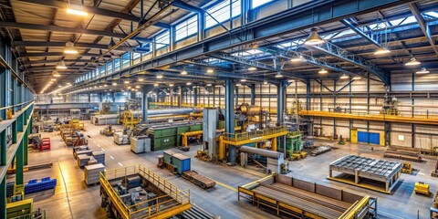 Poster - Interior metal manufacturing equipment with a bird's eye view, industrial, machinery, factory, manufacturing