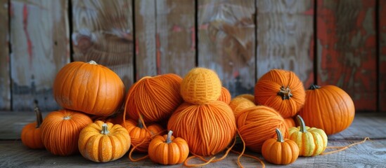 Poster - Yarn pumpkins handmade decor. with copy space image. Place for adding text or design