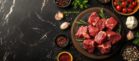 Fototapete - Raw beef pieces products and spices on a textured black table viewed from above Space for text. with copy space image. Place for adding text or design