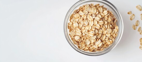 Fototapete - Uncooked oat flakes in a glass bowl on a white background Healthy food Close up top view. with copy space image. Place for adding text or design