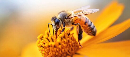 Aufkleber - A bee on an orange flower gathering pollen and nectar for the hive. with copy space image. Place for adding text or design