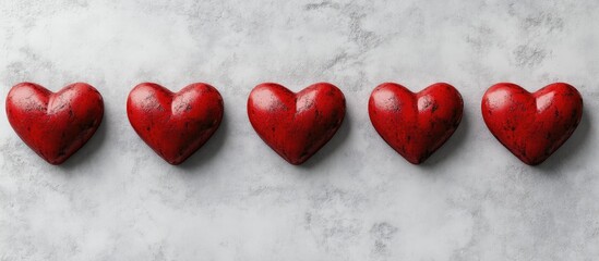 Poster - Eight textured red hearts are arranged in a row on a white or gray background a St Valentine s Day backdrop featuring space for text minimalistic style. with copy space image