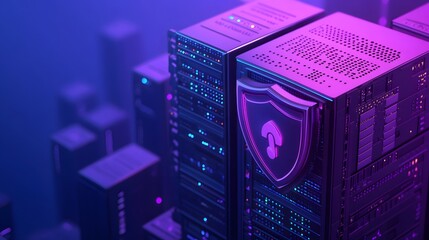 Poster - Neon-lit data servers with a shield icon symbolizing cybersecurity and data protection. Futuristic technology infrastructure.