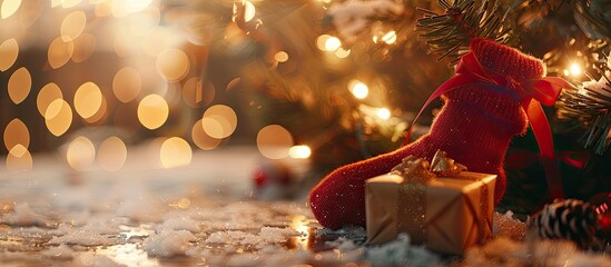 Poster - Christmas gift wrapped in kraft paper placed in a New Year sock under the Christmas tree with a sparkling bokeh lights background copyspace