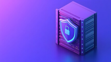Poster - Secure server data storage concept. Illustration of a server rack with padlock shield icon, representing security and data protection.