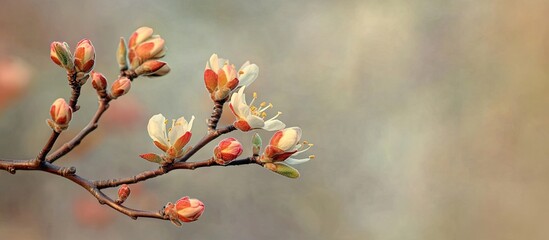 Poster - Close up texture background of serviceberry tree amelanchier arborea branches featuring newly opened flower buds and leaves in spring. with copy space image. Place for adding text or design