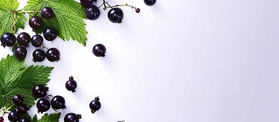 Aufkleber - Black currant A backdrop featuring black currants and leaves on a white surface Space for text. with copy space image. Place for adding text or design