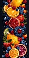 Wall Mural - Elegant abstract design featuring colorful fruits against a dark background