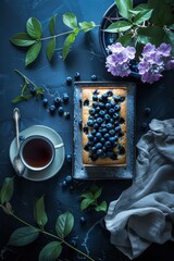 blueberry loaf cake with tea, top view photography, dark background, natural light, food styling