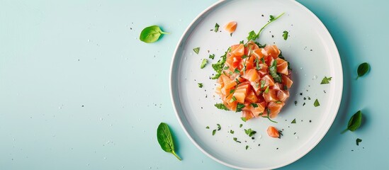 Poster - Tuna tartare with watermelon and greens on a light blue background Top view copy space
