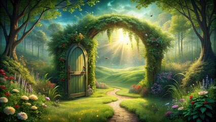 Magic entrance to wonderland in a green country scenery, magic, entrance, wonderland, green, country, scenery, fantasy