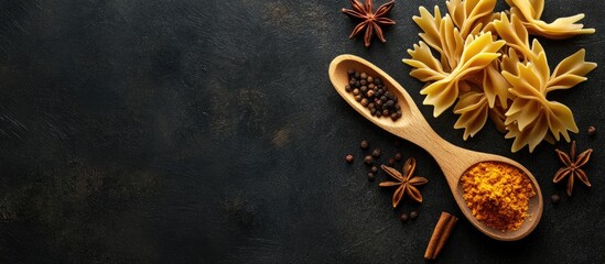 Fototapete - organic raw pasta and spices in a wooden spoon on a black background. with copy space image. Place for adding text or design