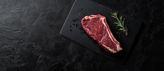 Leinwandbilder - Close up of raw dry aged Kobe ribeye steak on a black board. with copy space image. Place for adding text or design