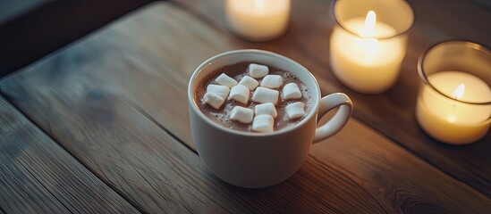 Fototapete - Hot chocolate with marshmallows in a white cup accompanied by two candles on a wooden table Copyspace