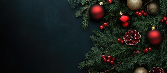 Poster - Christmas fir tree adorned with decorations Copy space top view