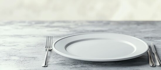 White plate with a fork and knife on the table following dinner. with copy space image. Place for adding text or design