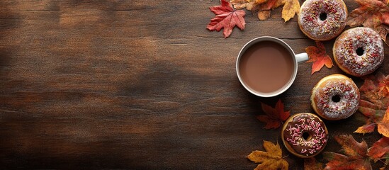 Poster - Autumn arrangement a cup of cocoa accompanied by donuts and autumn leaves. with copy space image. Place for adding text or design