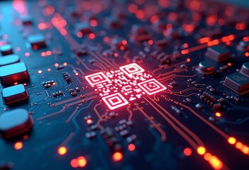 Poster - Abstract Circuit Board with Luminous QR Code: Symbolizing Data Connectivity