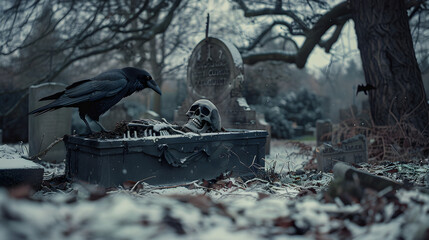 Poster - A ghostly skeleton crawling out of a coffin in the middle of an old gothic cemetery on a cold winter night.