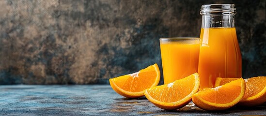 Poster - orange juice in a glass and a bottle along with orange segments set against a brown blue concrete background with copyspace