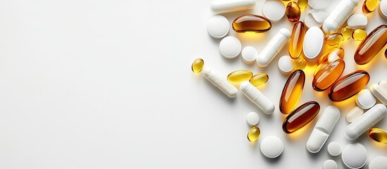 Poster - Supplements and vitamins against a white background Selective focus Medicine. with copy space image. Place for adding text or design