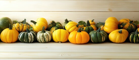 Leinwandbilder - Bunches of squash form a natural border around an empty area with copyspace on the table