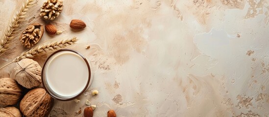 Aufkleber - Cedar nut milk on a beige table background A non dairy milk alternative A concept for healthy vegetarian food and beverages Copy space top view