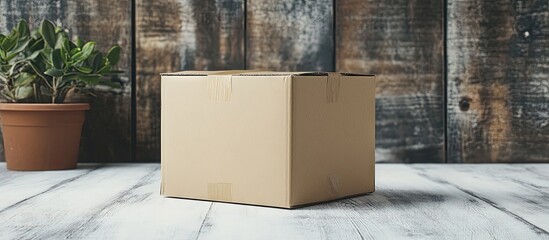Leinwandbilder - Cardboard box on a white rustic wooden surface with copy space
