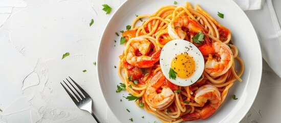 Poster - Spicy seafood spaghetti with shrimp and eggs on a white plate background Traditional Italian cuisine tasty food with great flavor. with copy space image. Place for adding text or design