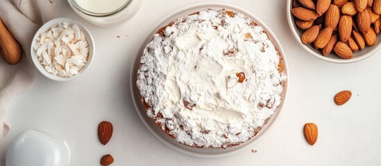 Leinwandbilder - Homemade almond cake with coconut chips on a light background copyspace