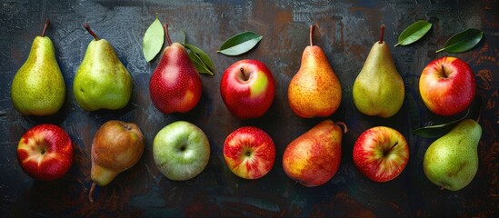 Tasty apple pears on a white table top view Area for text. with copy space image. Place for adding text or design