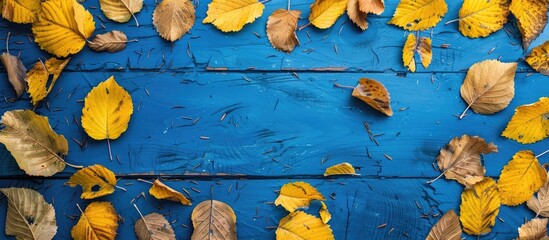 Poster - Autumn leaves border the left side of a blue structured background from a top view Fall Border features yellow and orange leaves creating a vintage background table with copy space Ideal for your des