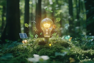 Green forest with grass and moss with a light bulb. An example of sustainable, ecofriendly energy sources. Earth energy concept.