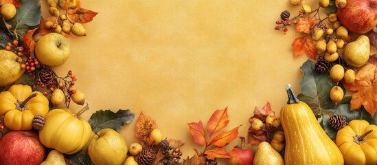 Leinwandbilder - Thanksgiving backdrop featuring yellow squash apples pears rowan berries autumn leaves and acorns with copy space