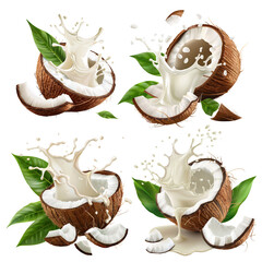 Canvas Print - Set of fresh coconuts splashing milk and leaves, cut out