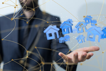 Poster - home iot - Neural network 3D illustration. Big data and cybersecurity