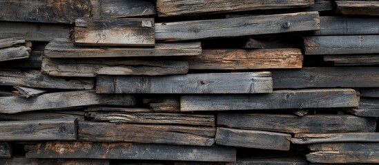 Poster - Old decayed discarded decking planks piled up side view. with copy space image. Place for adding text or design