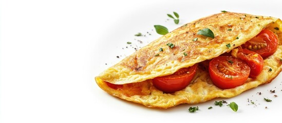 Wall Mural - Stuffed omelette with tomatoes set against a white background Nutritious breakfast option. with copy space image. Place for adding text or design