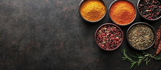 Poster - Assorted spices in bowls on a black concrete surface Top view copy space