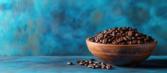 Poster - Coffee beans in a clay bowl on a brown wooden table set against a dark blue wall background Closeup copy space side view Arabica seeds roasted caffeine concept